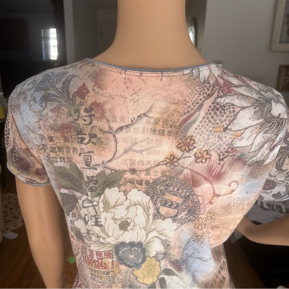 Dressbarn Floral Art Print Rhinestone Top XL Made in USA Boho Sheer Knit - Picture 10 of 12